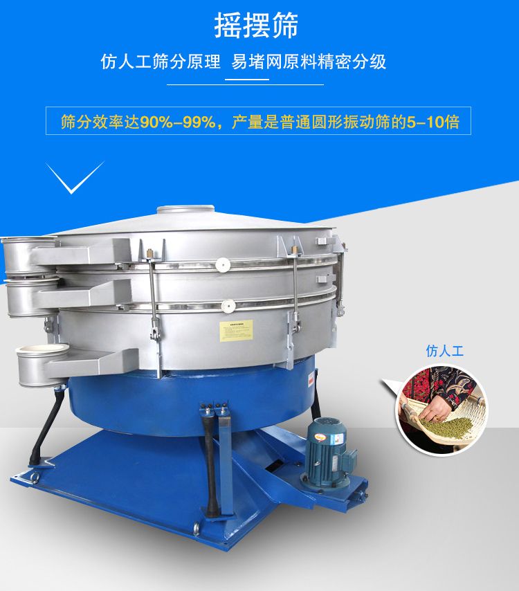 搖擺篩適合精細(xì)和超細(xì)范圍的粉末和微粒狀物料，產(chǎn)量大、精度高